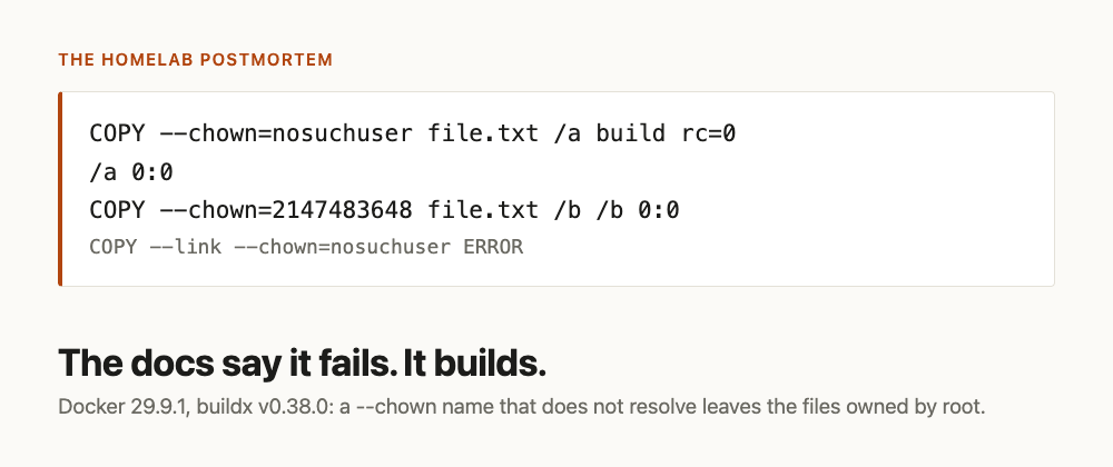 COPY --chown with a user that doesn't exist builds fine and gives the ...